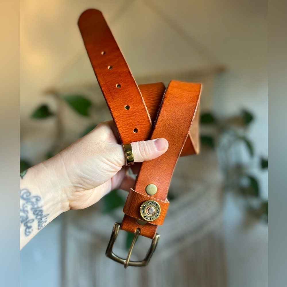 Full Grain Leather Belt 42 Cognac Western Brass Buckle 48” Rustic Cowboy Unisex